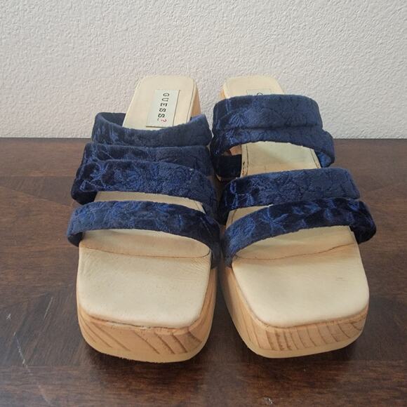 Vintage Y2K Guess Platform Velvet Strappy Wooden Block Heels Sz 6 Retro - Picture 6 of 13